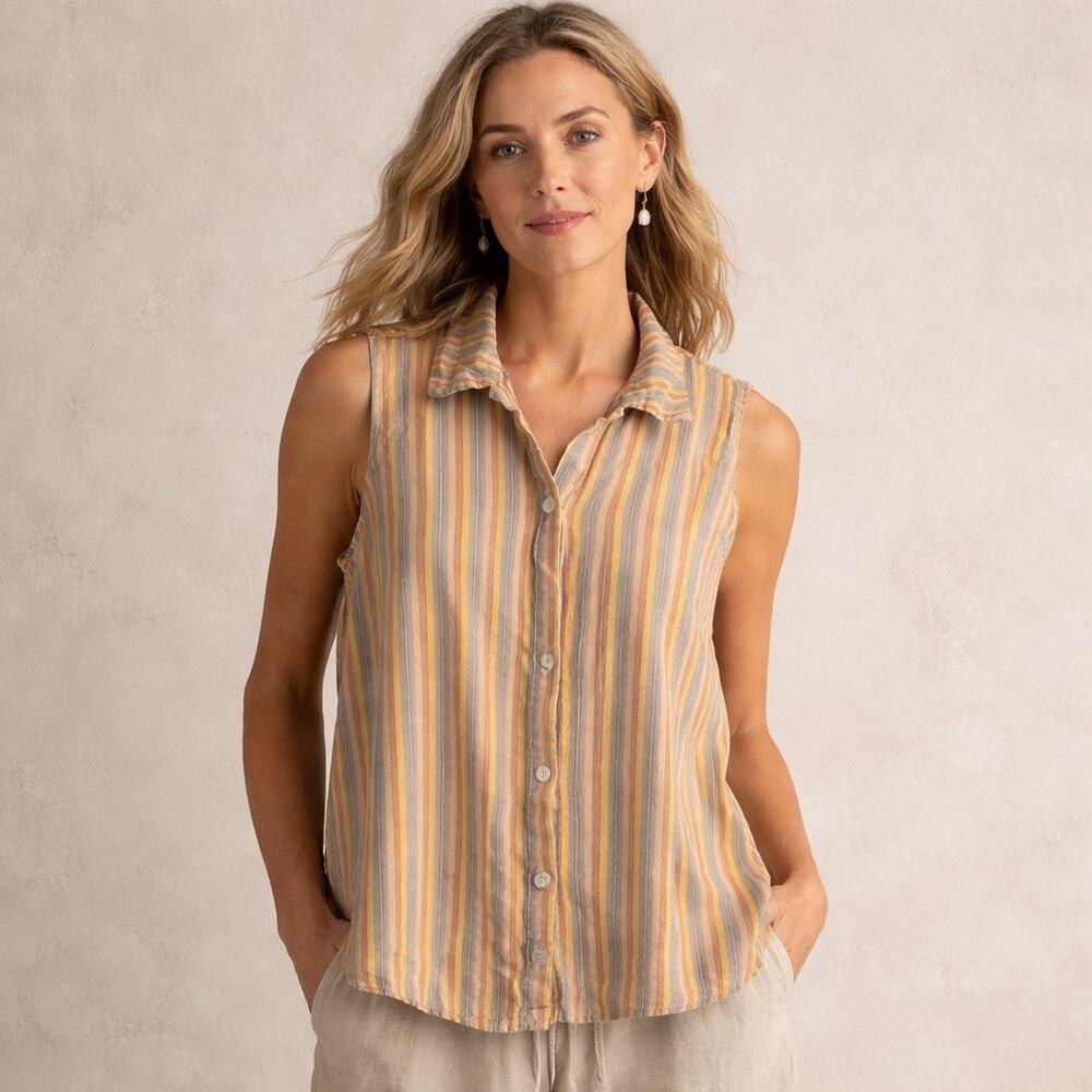 FLAX Linen Sleeveless Striped Button Front Top – Large